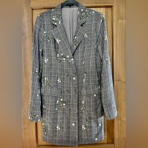 NWT MAJORELLE Charles Glen Plaid Blazer w/ Floral Embroidery M Black/Cream/Multi